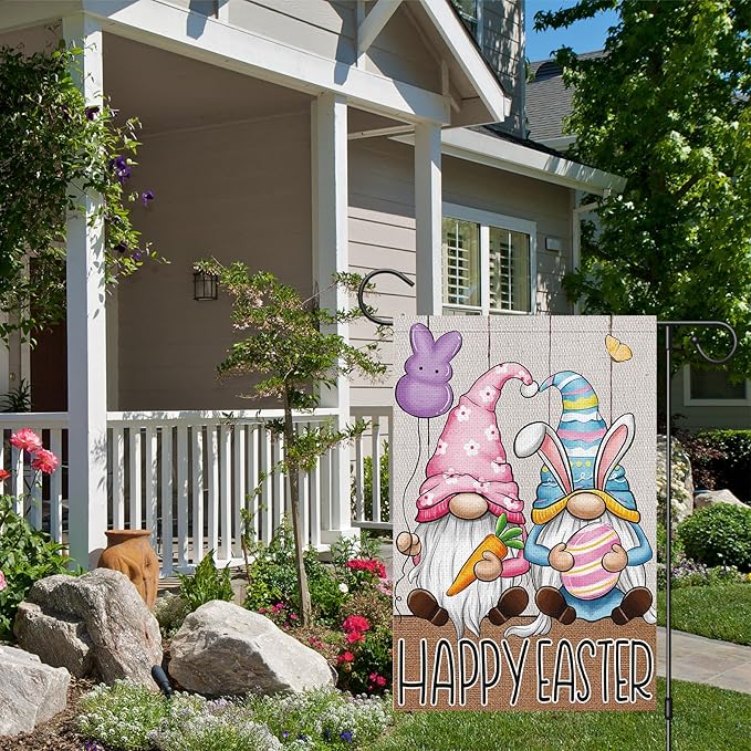 Easter Garden Flag 12×18 Double Sided, Vertical Burlap Gnomes Happy Easter Flags Outside Holiday Yard Decoration