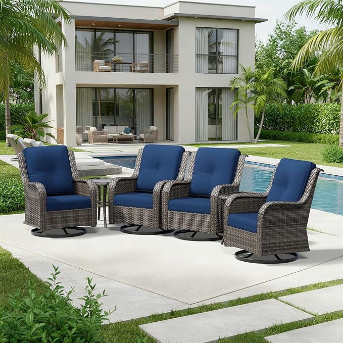 Joyside 6 Piece Wicker Patio Furniture Set, Outdoor Swivel Rocker Patio Chairs with High Back, Deep Seating, Wide Armrest, Thickened Cushions, Outdoor Furniture for Deck, Porch Use