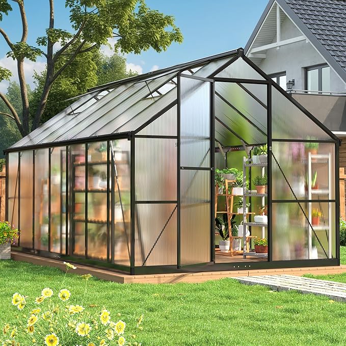 WKM Greenhouse for Outdoors 8x14 FT, Walk-in Polycarbonate Greenhouse with Roof Vent and Quick Setup Structure, Heavy Duty Aluminum Green House for Outsides Backyard Garden, Black
