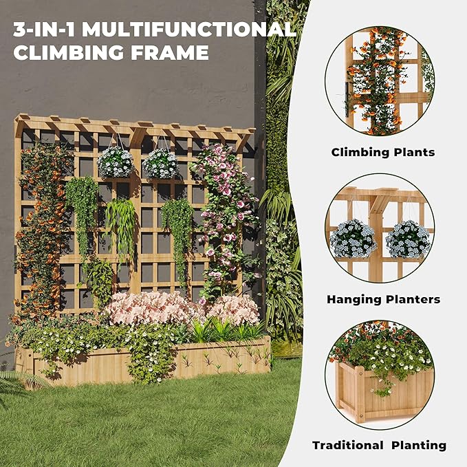 2 Tiers Wood Planter Box & Trellis, 44.4'' x 16.2'' x 63'' Outdoor Elevated Bed, Wooden Garden Bedding Hanging Roof with Climbing Trellis for Garden, Balcony, Yard, Patio (8 single Drainage Holes)