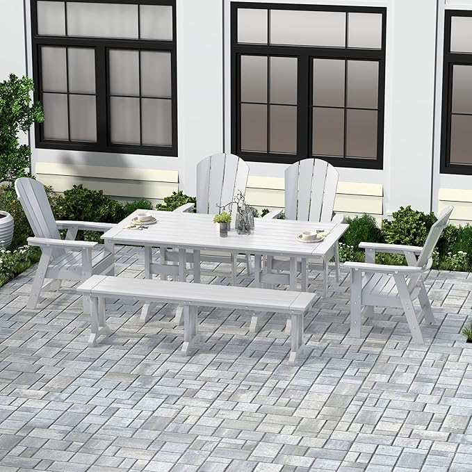 WestinTrends Malibu 6 Piece Adirondack Patio Dining Set with Bench, All Weather Poly Lumber Outdoor Table and Chairs, 71" Trestle Dining Table, 4 Adirondack Chair with Dining Bench, White