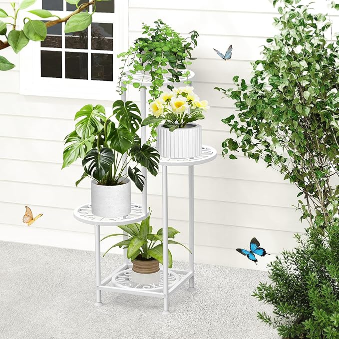 YOCOMEY 4 Tier Plant Stand Outdoor Indoor, Metal Flower Shelf Display Holder, Multiple Plants Corner Tall Flower Holders for Patio Balcony Porch Garden Living Room (White)