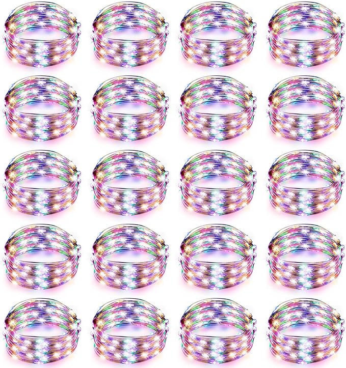 Hortsun 20 Packs Fairy Lights Battery Operated 3 Speed Modes, 7 Ft/ 2 M 20 LED Battery String Mini Waterproof Wire Twinkle Lights Bulk for Wedding Party Birthday Vases Decor (Multicolor Light)