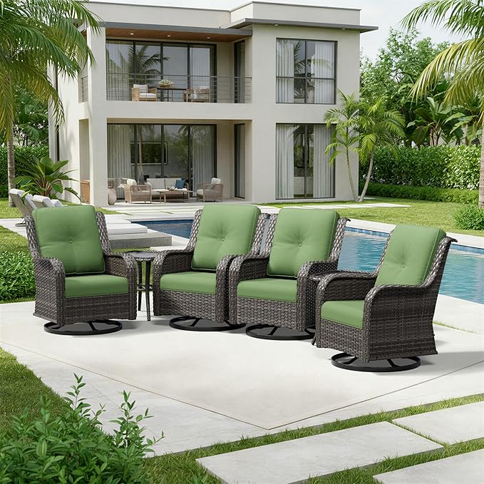 Joyside 6 Piece Wicker Patio Furniture Set, Outdoor Swivel Rocker Patio Chairs with High Back, Deep Seating, Wide Armrest, Thickened Cushions, Outdoor Furniture for Deck, Porch Use