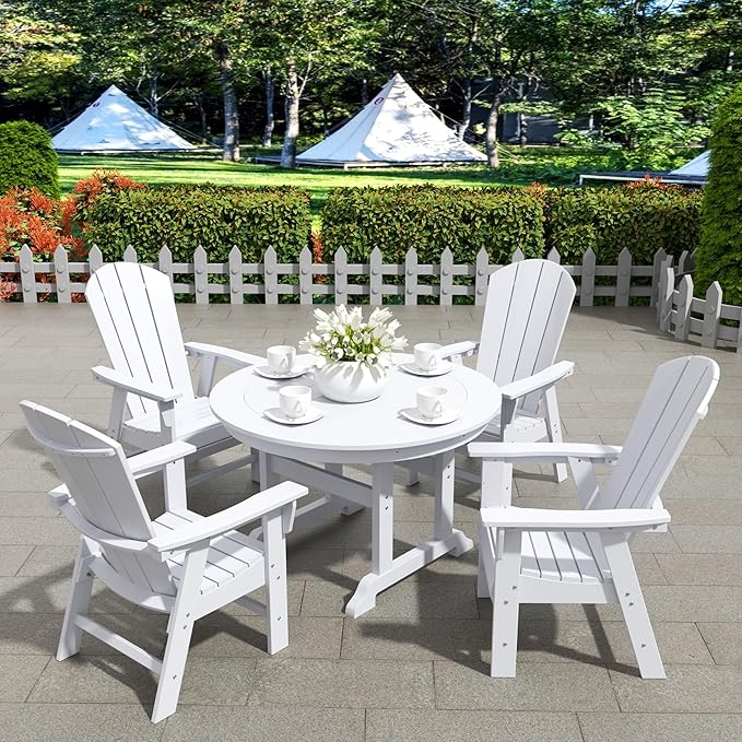 WestinTrends Malibu 5 Piece Adirondack Patio Dining Set, All Weather Poly Lumber Outdoor Table and Chairs Furniture Set, 47" Trestle Round Dining Table and 4 Adirondack Dining Chair, White