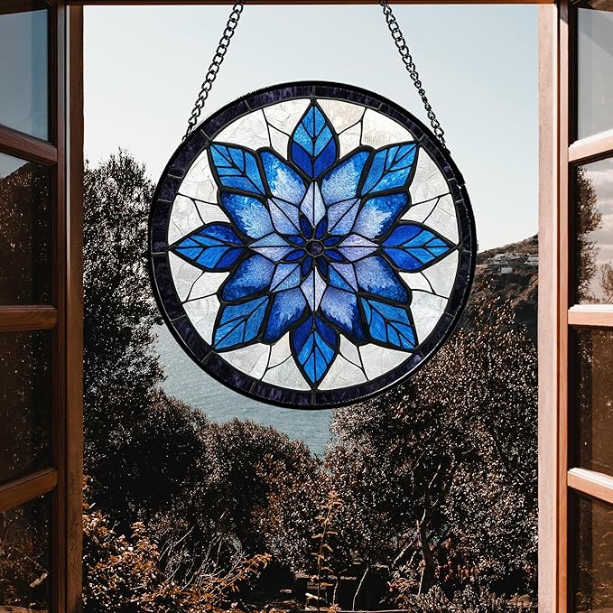 Stained Glass Window Hanging - Blue Snowflake Flowers Suncatcher for Doors Garden Patio Boho Sun Catchers Decor Christmas Mother's Day Birthday Gifts for Women Men Mom Nana Friend 11.8 in