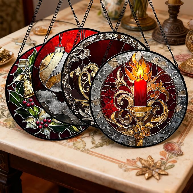 Stained Glass Window Hanging 4 Pcs Set Christmas Golden Bell Sleigh 6.3" - Suncatcher Door Garden Sun Catcher Decor Birthday Mother's Day Xmas Gifts for Mom Woman Nana Men Parents