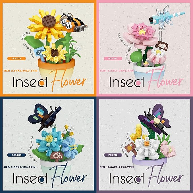 Sacblirr Set of 4 Mini Flower Bonsai with Cute Insects - DIY Potted Plant Building Blocks for Kids and Adults, Botanical Collection Decor Toy