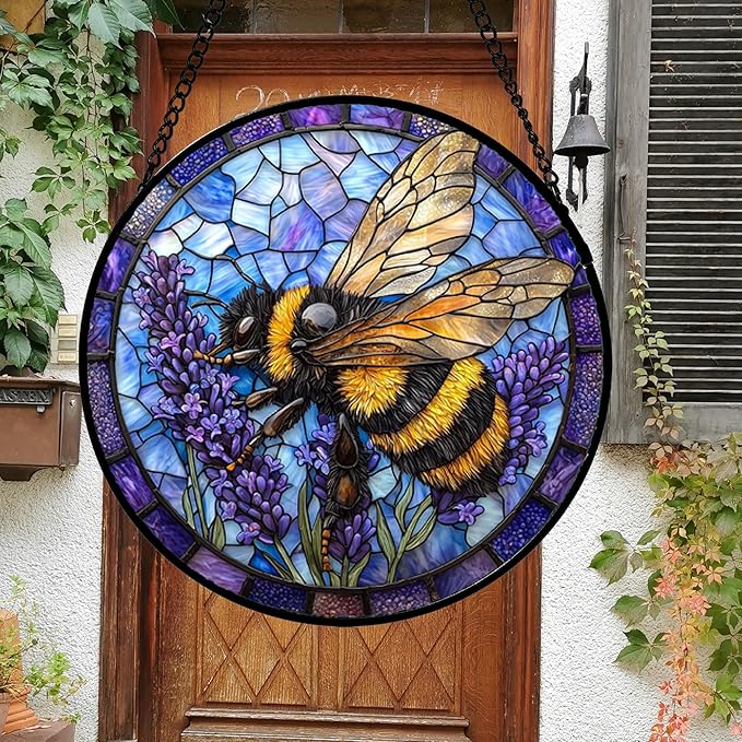 DASTOLL Stained Glass Window Hanging, Bee Lavender Sun Catchers Diamond Glass Panel Hangings Insect Suncatcher Decor for Birthday for Women, Men, Wife, Aunt, and Mom 14.9x14.9 in