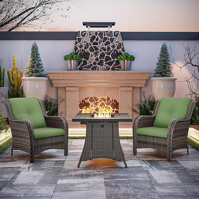 Joyside 3 Piece Wicker Patio Furniture Set with Fire Pit Table, Rattan Patio Chairs with High Back, Deep Seating, Wide Armrest, Thickened Cushions, Outdoor Furniture for Deck, Porch Use