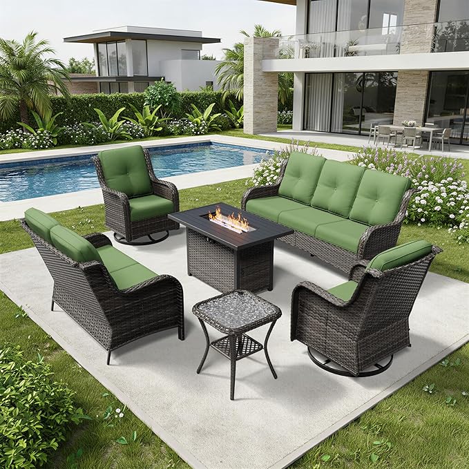 Joyside 6 Piece Wicker Patio Furniture Set with Fire Pit Table, Outdoor Swivel Rocker Patio Chairs with High Back, Deep Seating, Wide Armrest, Thickened Cushions, Outdoor Furniture for Deck, Porch Use