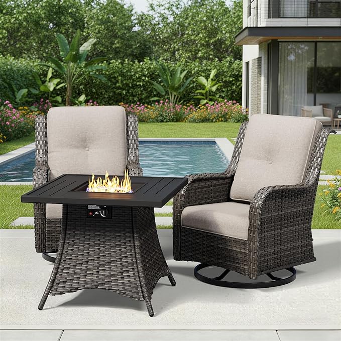 Joyside 3 Piece Wicker Patio Furniture Set with Fire Pit Table, Outdoor Swivel Rocker Patio Chairs with High Back, Deep Seating, Wide Armrest, Thickened Cushions, Outdoor Furniture for Deck, Porch Use