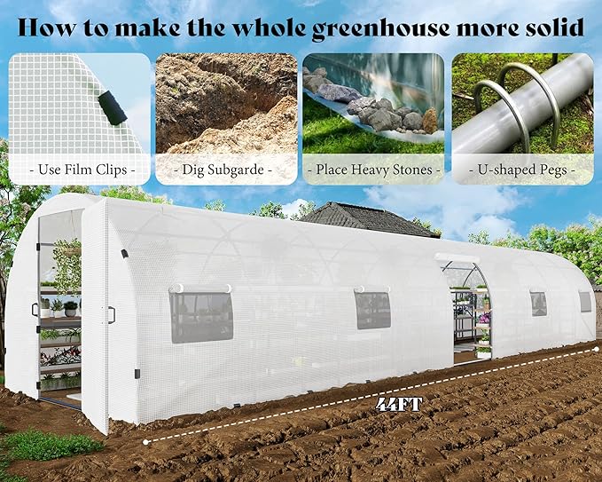 AMERLIFE 44x10x7.5 FT Tunnel Greenhouse for Outdoors, Large Walk-in Greenhouse kit with Reinforced Steel Frame, Swing Door & Premium PE Cover, White