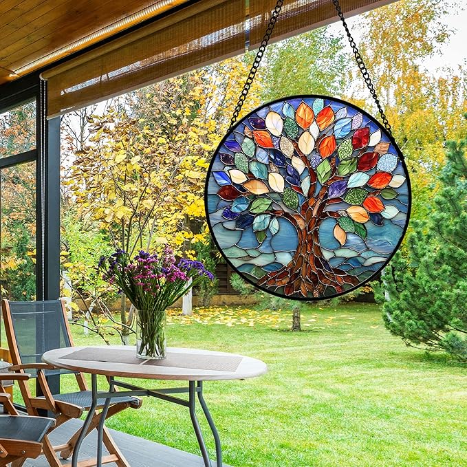 DASTOLL Stained Glass Window Hanging, Colorful Tree of Life Sun Catchers Glass Panel Blue Suncatcher Decor for Birthday for Women, Men, Wife, Aunt, and Mom 9.8 in