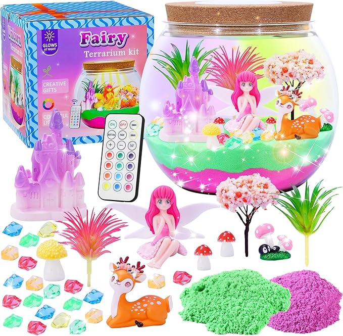 Gifmore Fairy Terrarium Kit for Kids with LED Night Light & Remote Control, Fairy Toys & Arts and Crafts Kit for Girls Ages 4-12, Creative Birthday Christmas Gifts for Children