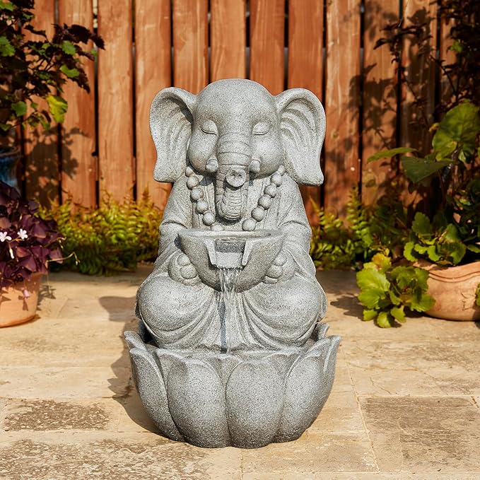 Glitzhome 2-Tiered Zen-Style Concrete Elephant Polyresin Outdoor Fountain with Pump and LED Light, 21.75" H