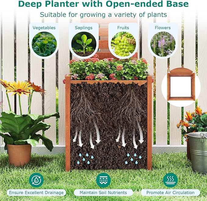 Giantex Wood Raised Garden Bed with Trellis, Outdoor Planter Box w/Open-Ended Base for Vines Flowers Vegetables, Herbs, Freestanding Plant Container Privacy Planters for Patio, Backyard