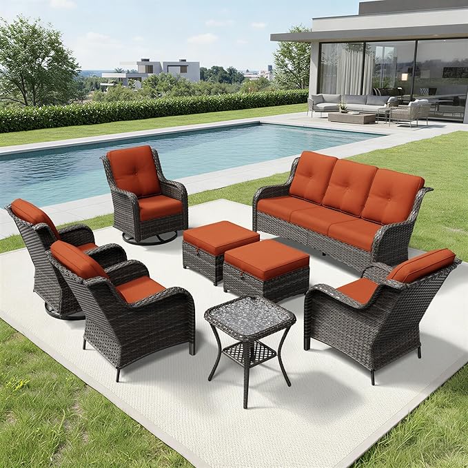 Joyside 8 Piece Wicker Patio Furniture Set, Outdoor Swivel Rocker Patio Chairs with High Back, Deep Seating, Wide Armrest, Thickened Cushions, Outdoor Furniture for Deck, Porch Use