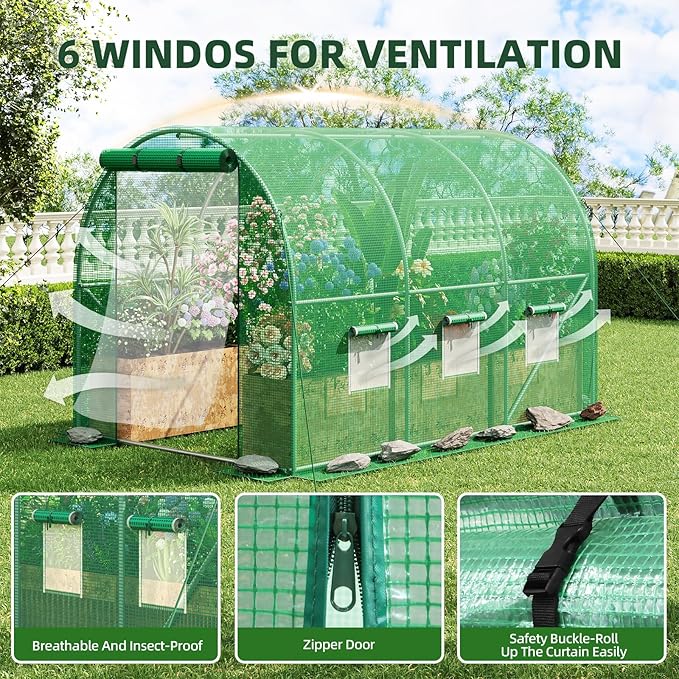 Superlele Heavy Duty Walk-in Greenhouse for Outdoor, 10x6.6x6.6FT Tunnel Greenhouse, Large Garden Green House with Reinforced PE Mesh Cover, 6 Windows with Screen, Stakes and Ropes, Green