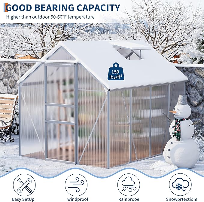 GAOMON 6 x 8 FT Polycarbonate Greenhouse - Winter Greenhouses for Outdoors, Aluminum Frame, Sliding Door, Adjustable Roof Vent, Backyard Green Houses, Silver