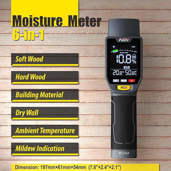 NDI 6 in 1 Non-invasive Moisture Meter Pinless Humidity Sensor Drywall/Gypsum Board/Cement Board/Cork/Hardwood/Mildew Index