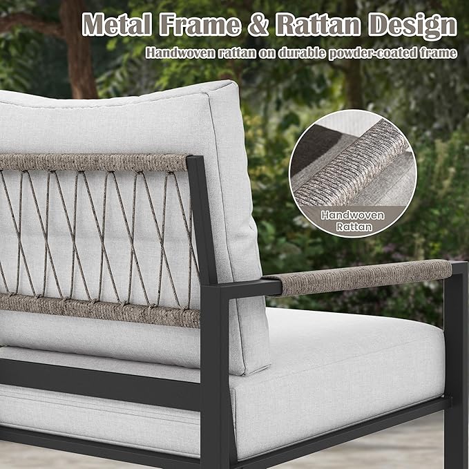 6 Pieces Rattan Outdoor Furniture Set, All-Weather Patio Conversation Set with Warm Grey Cushions, Coffee Table and 28" Fire Pit Table for Garden, Backyard, Balcony, Poolside