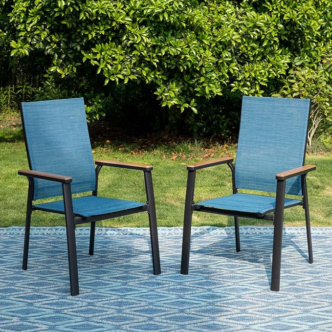 PHI VILLA Outdoor Stackable Chairs, Patio Chairs Set of 2, Light Weight Aluminum Frame with Textilene Fabric & Wood Armrest, High Back Deck Chairs for Poolside Lawn Garden, Blue