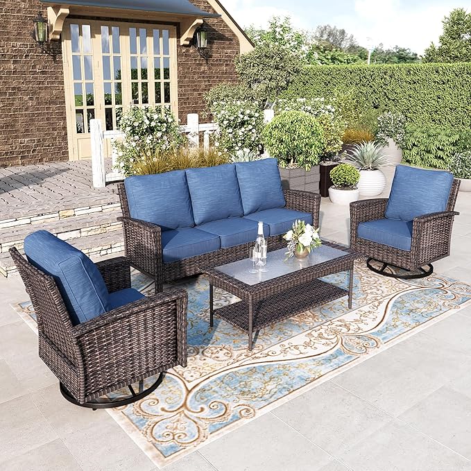 HERA'S HOUSE Outdoor Furniture with High Back Swivel Chairs, 4-Piece Patio Conversation Sets with 5.5" Thick Cushion, Deep Seating Wicker Rattan Sofa Set for Deck Lawn Deck Yard, Blue
