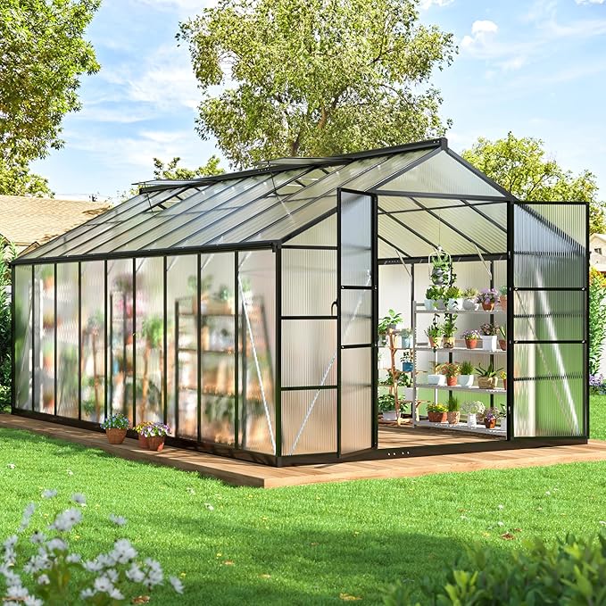 WKM 10x18 FT Greenhouse for Outdoors, Walk-in Polycarbonate Greenhouse with Quick Setup Structure and Roof Vent, Heavy Duty Green House for Outside Garden Backyard, Black