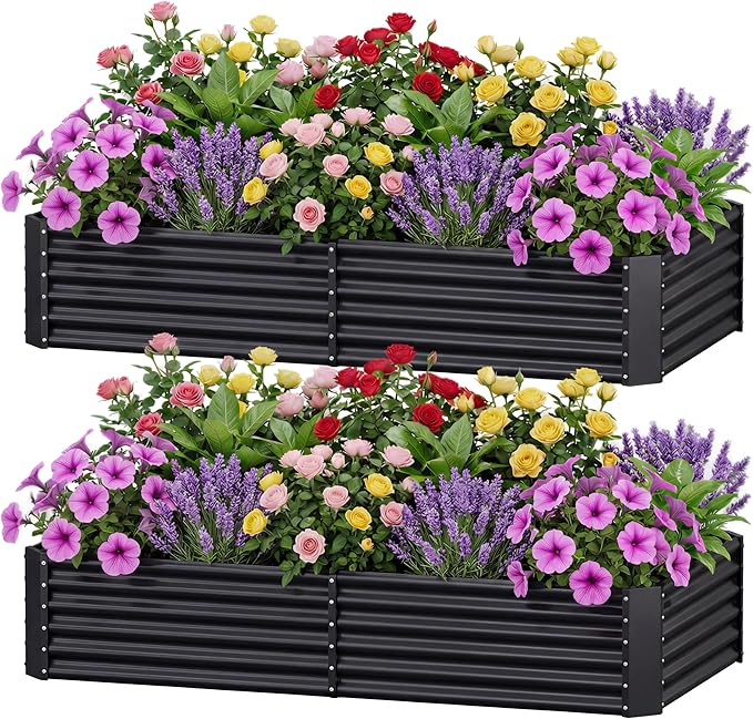 AHEONLAR 2 Pack 8×4×1.5ft Galvanized Raised Garden Beds Outdoor, Rectangle Sturdy and Durable Planter Boxes for Vegetables, Fruits, Flowers and Plants, Easy Assembly, Black