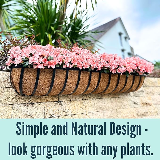 LaLaGreen Planter Boxes Outdoor (48 Inch, 4 Pack) Long Rectangular Deck Railings Flower Box with Coco Liner, Black Metal Balcony Bracket Hanging Planters for Plants Over Rails Fence Patio Porch Decor