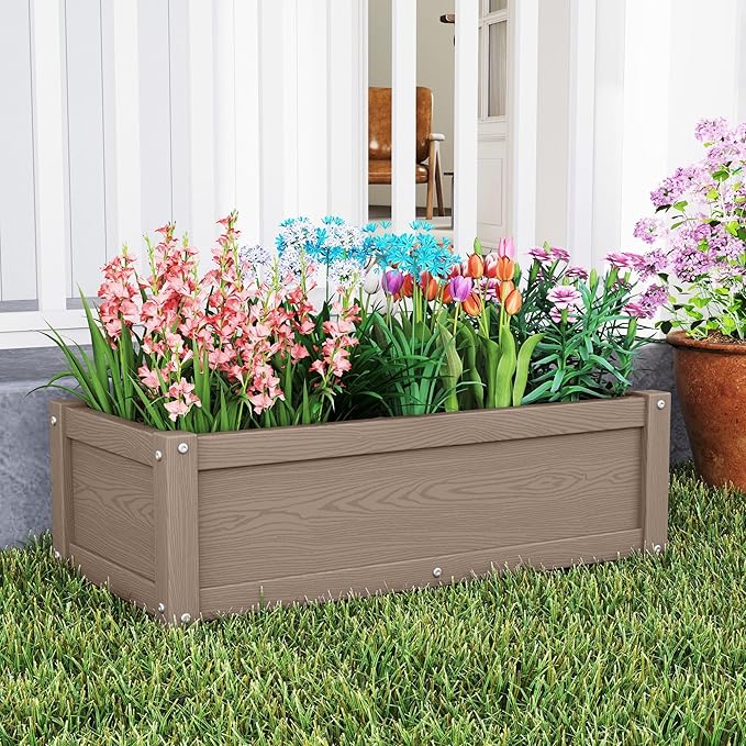 HDPE Raised Planter Box Outdoor,Rot-Resistant and Non-Cracking,Raised Beds for Gardening 29.5 * 14.4 * 9.8 in for Yard,Lawn,Outdoor Planter Boxes Rectangle with Drainage Holes Brown