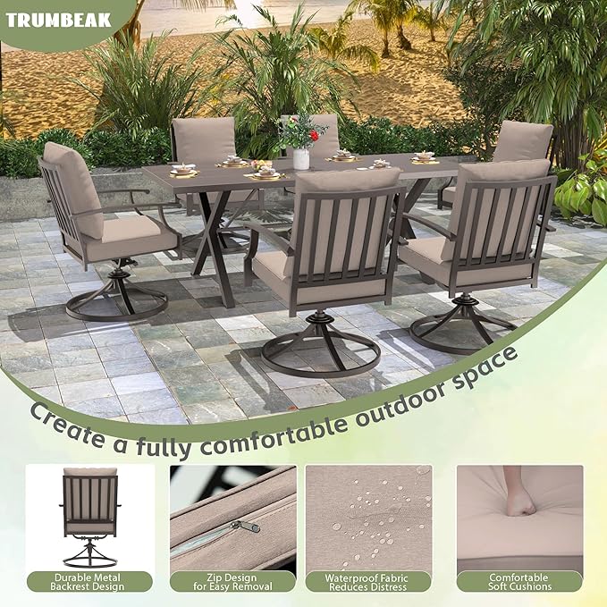 7-Piece Patio Dining Set Outdoor Conversation Set,Metal Outdoor Furniture Set with Umbrella Hole Cut-Out 78.7" x 35.4" Table and 6 Metal Backrest Swivel Chairs for Backyard,Garden,Sand