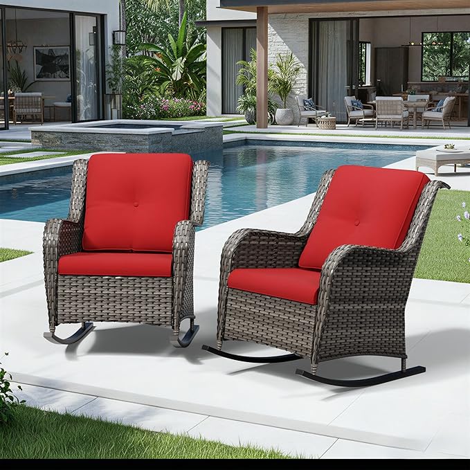 Joyside Outdoor Rocking Chairs Set of 2, Wicker Patio Furniture with High Back, Deep Seating, Wide Armrest, Thickened Cushions, Outdoor Rattan Furniture for Deck, Porch Use