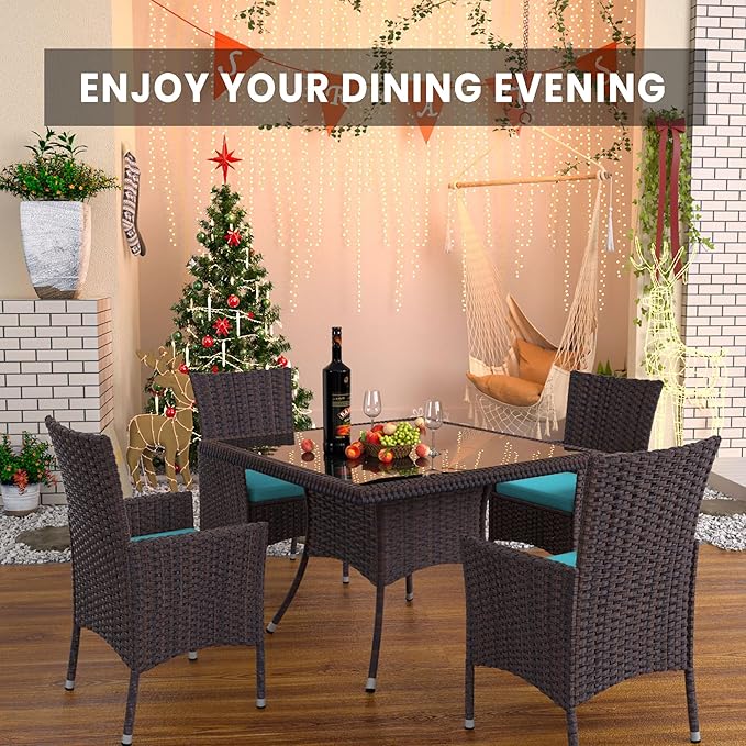5 Piece Outdoor Dining Set,Rattan Patio Conversation Set of 4 Chairs,Patio Dining Table and Chairs w/Cushions,Square Glass Tabletop,Umbrella Cutout for Patio,Blue