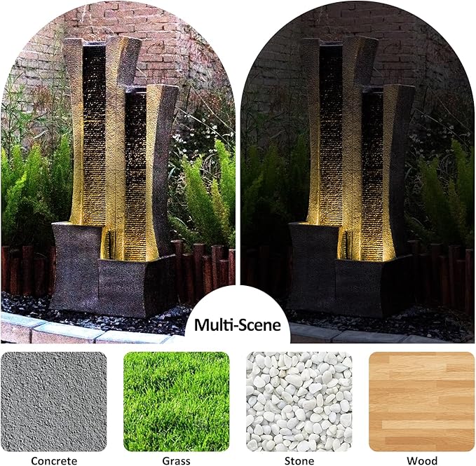 YZM Modern Outdoor Water Fountain Indoor Cascading Floor-Standing Fountains with Led Lights 2-Curved Column Garden Waterfall for Backyard Patio Porch Deck Home 39.76” H