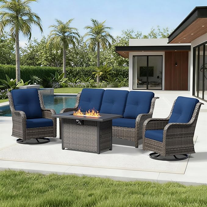 Joyside 4 Piece Wicker Patio Furniture Set with Fire Pit Table, Outdoor Swivel Rocker Patio Chairs with High Back, Deep Seating, Wide Armrest, Thickened Cushions, Outdoor Furniture for Deck, Porch Use