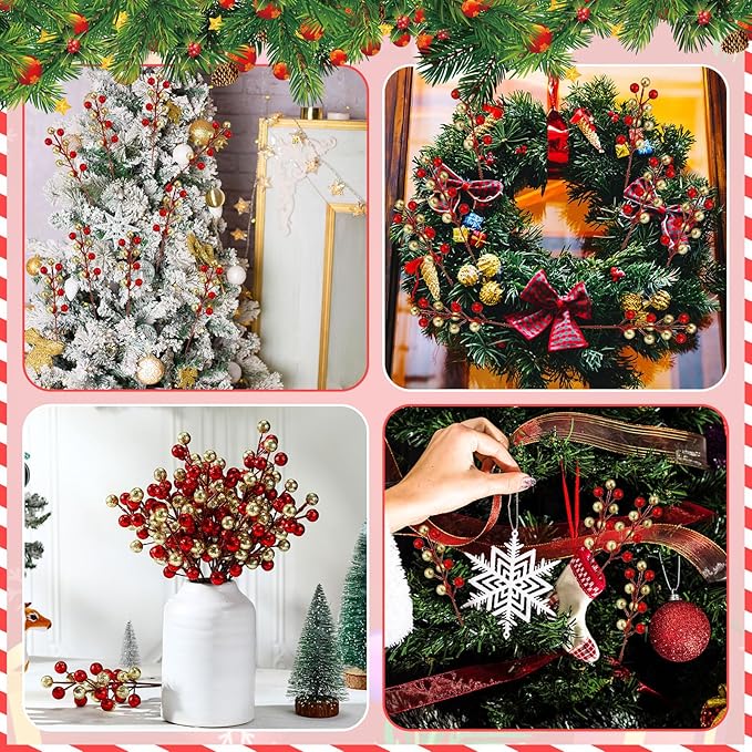 24 Pcs Christmas Glitter Berries Stems, 8.8" H Artificial Christmas Picks for Christmas Tree Ornaments, Holiday Wreath DIY Crafts, Xmas and Home Decor (Red, Gold)
