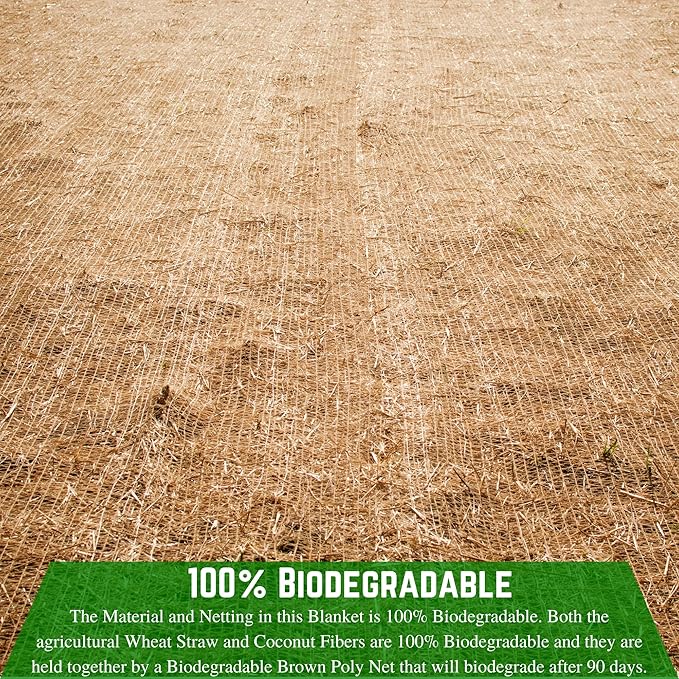 Farm Plastic Supply - 100% Biodegradable Erosion Control Blanket - Straw/Coconut Straw Garden and Landscape Cover, Straw Blanket, Erosion Control (3' x 112.5')