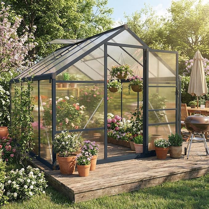 8x10 FT Greenhouse, Polycarbonate Walk-in Greenhouse for Outdoors with Roof Vent & Lockable Outward-Opening Swing Door, Heavy-Duty Aluminum Green House for Garden, Backyard, Patio, Lawn, Dark Grey