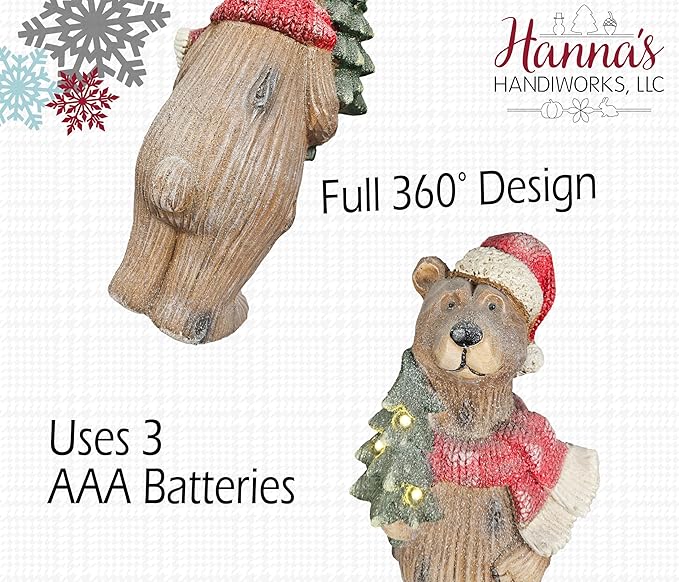 Holiday Bear with Light Up Christmas Tree | Resin Home Decor with Santa Hat and Xmas Tree Accents | Seasonal Xmas Decor for Centerpiece, Mantle, Kitchen, Dining Room, and More | 18 ¾ inches tall