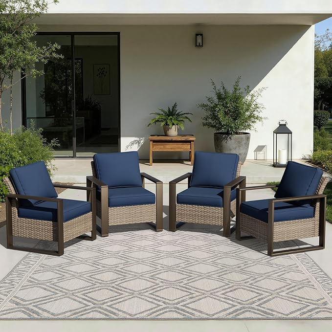 Joyside Outdoor Patio Chairs Set, 4 Pieces Wicker Rattan Chairs with Metal Wide Armrest, Thick Cushions and Deep Seating for Garden, Backyard, Porch, Deck