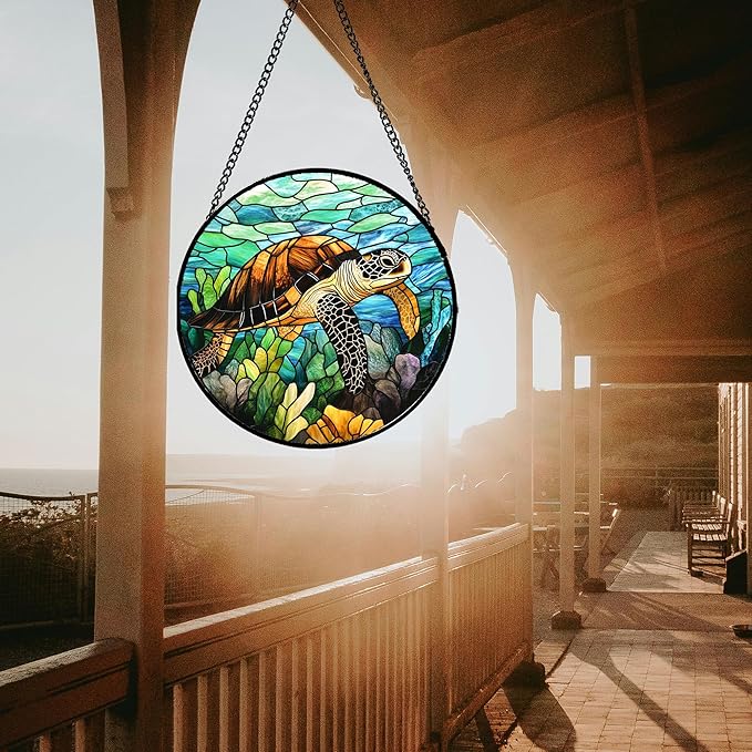 HWRHTR Stained Glass Window Hanging - Cute Sea Turtle Suncatcher for Door Garden Yard Blue Ocean Sun Catchers Decor Christmas Mother's Day Birthday Children's Gifts for Women Mom Nana Friend 7.8 in