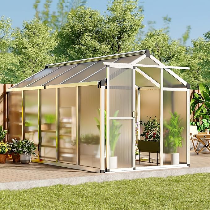 8 X 12 Ft Greenhouse, Greenhouses for Outside, Polycarbonate Greenhouse with Aluminum Frame, Lockable Door and Ajustable Roof Vent for Backyard, Green Houses for Outside Garden Backyard, Patio