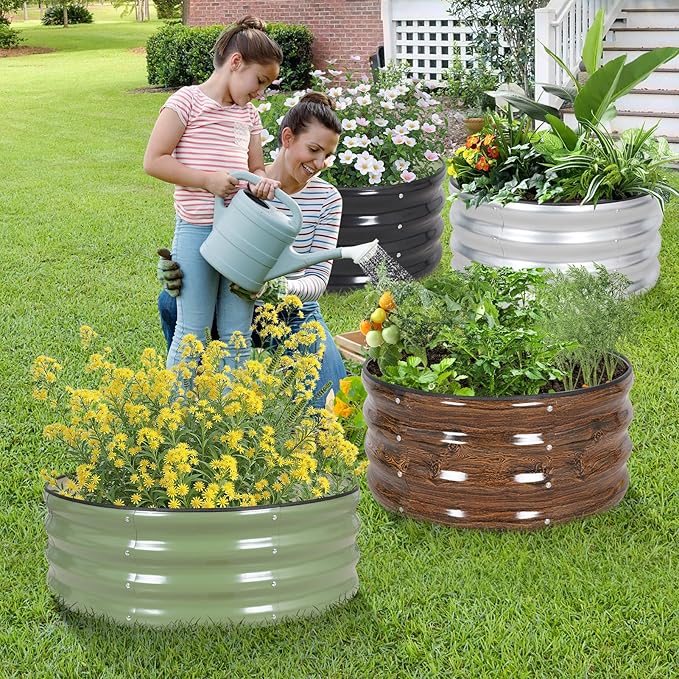 Galvanized Raised Garden Bed- 2Pcs Metal Planter Boxes Outdoor | 12" Tall 24" Round Steel Raised Bed Kit & Fire Pit Ring for Gardening with Protective Tape for Vegetables (Wood Grain)