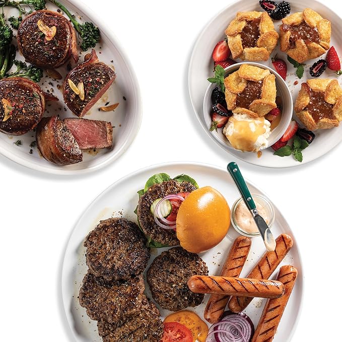 Omaha Steaks Deluxe Package, Gift-Ready or Stock Up, 21 items,12 entrees - 4 Bacon-Wrapped Filet Mignons, 4 Steak Burgers, 4 Gourmet Jumbo Franks, 4 Au Gratin Potatoes, 4 Caramel Apple Tartlets, 1 jar Omaha Steaks Seasoning