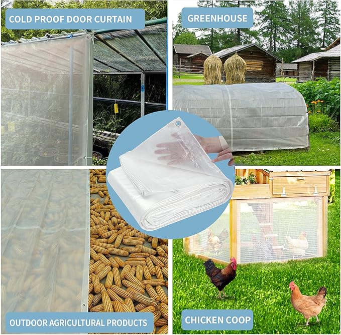 TARPAL 12'x20' Semi Clear White Tarp Waterproof Green House Cover with Grommets 7.5mil Clear Poly tarps for Gardening,Farm, Garden,Chicken Coops，Outdoor