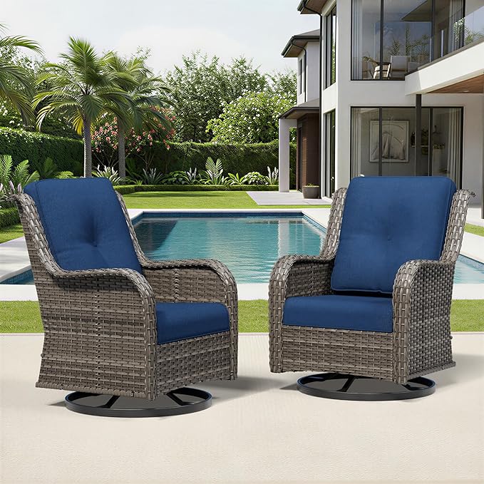 Joyside Swivel Patio Chairs Set of 2, Wicker Patio Furniture with High Back, Deep Seating, Wide Armrest, Thickened Cushions, Outdoor Rattan Furniture for Deck, Porch Use