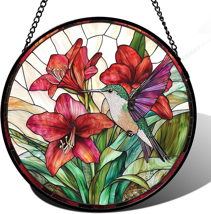 AMDERVEN Stained Glass Window Hanging - Hummingbird On Red Lily Flower Sun Catcher for Door Garden Decor Suncatcher Christmas Mother's Day Birthday Gifts for Bird Lovers Women Men Mom Nana 11.8 in