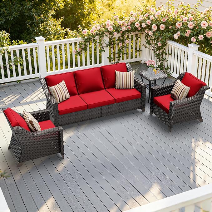 4 Pieces Patio Conversation Furniture Set - 1 Sofa, 2 Armchairs, 1 Side Table, Outdoor Wicker Furniture with Removable Cushions for Porch, Balcony, Sunroom (Red)